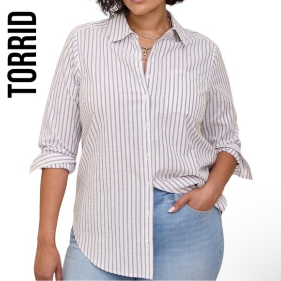 Torrid Lizzie blue white Striped Cotton Button Down Long Sleeve Shirt Plus 00 - Picture 2 of 16